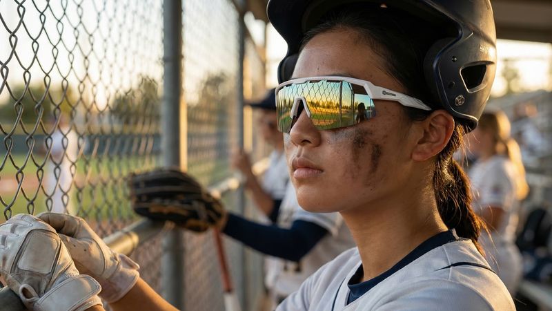 Top softball sunglasses lined up on a diamond dugout rail