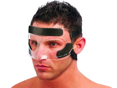 Mueller basketball face guard protective mask on player