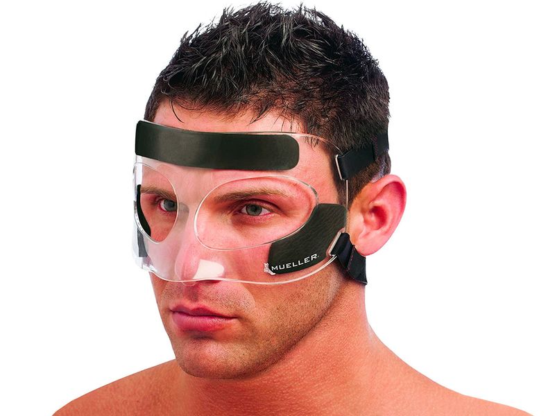 Mueller basketball face guard protective mask on player